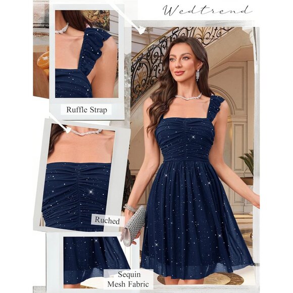 Sparkly Homecoming Dress Teens Ruffle Strap 80s Short Cocktail Glam - Picture 3 of 5